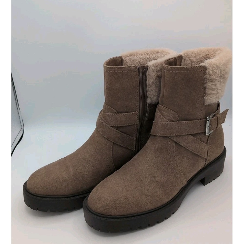 DV Dolce Vita Oaklyn Bootie Size 7.5 Tan Lug Sole Moto Boot Faux Fur Trim